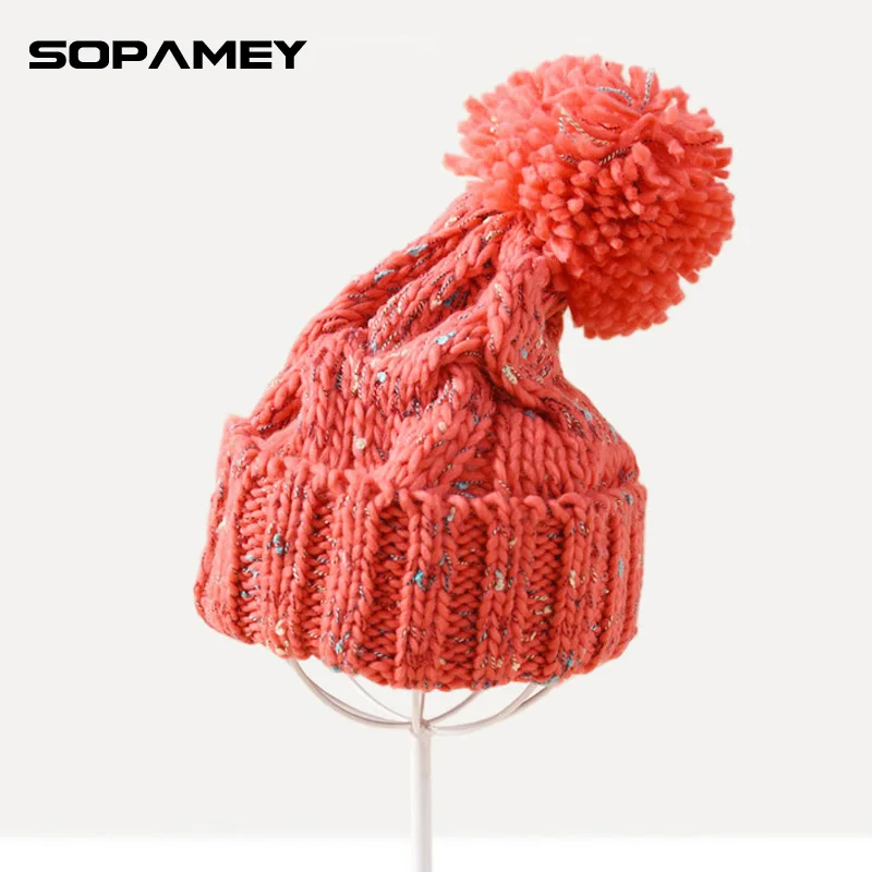 

Winter Beanies For Women Knitted Acrylic Hats Mix Colors Skullies And Beanies Knit Big Pompom Caps Free Shipping Female Beanie