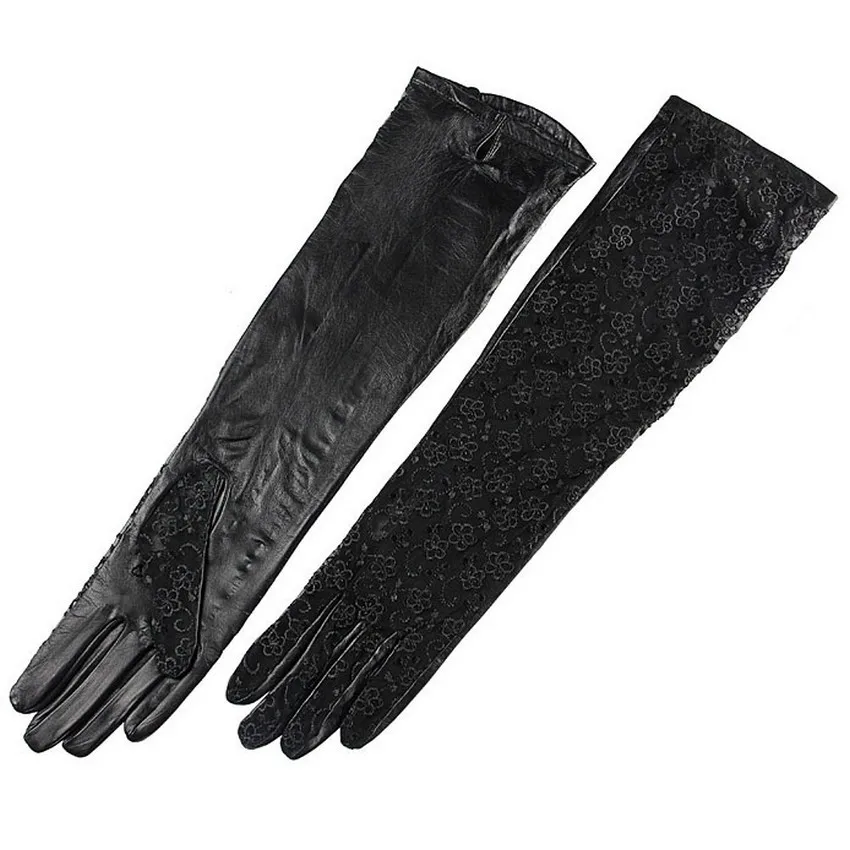 L112N long style lace sheepskin gloves women opera black Genuine leather gloves fashion wedding dress gloves