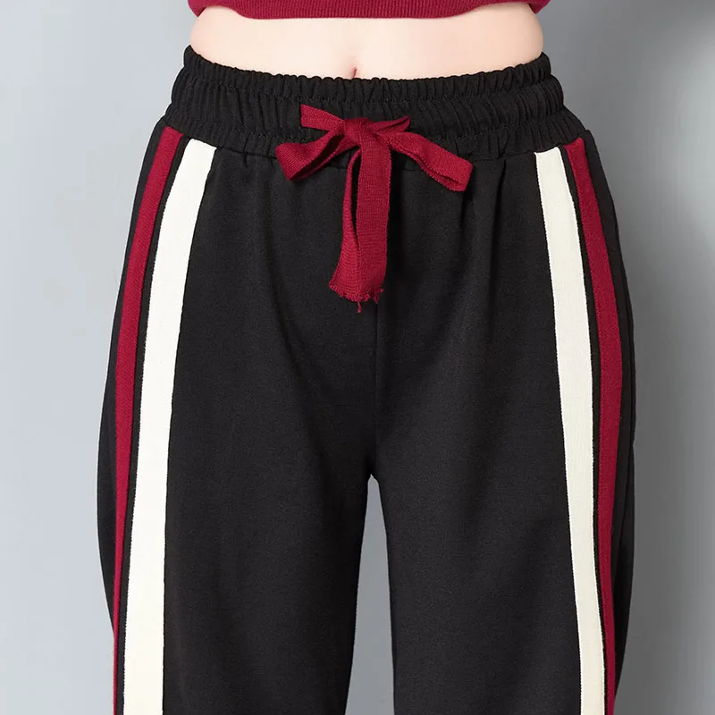 Hip hop pants woman side slit stripe wide leg pants autumn elastic