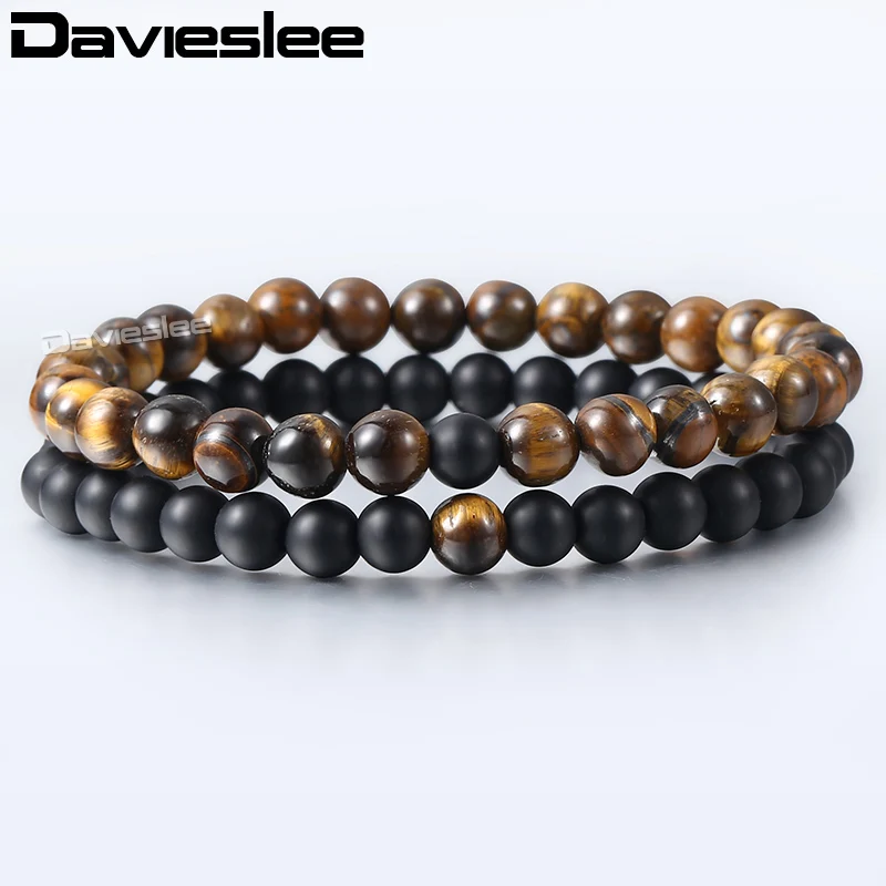 Davieslee черный стеклянный камень браслет из бисера для мужчин двойная цепь мужской