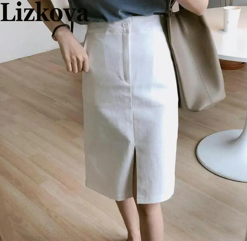 

2019 Summer Women High Waist White Skirt Split Pencil Skirt Korean Fashion Midi Skirts
