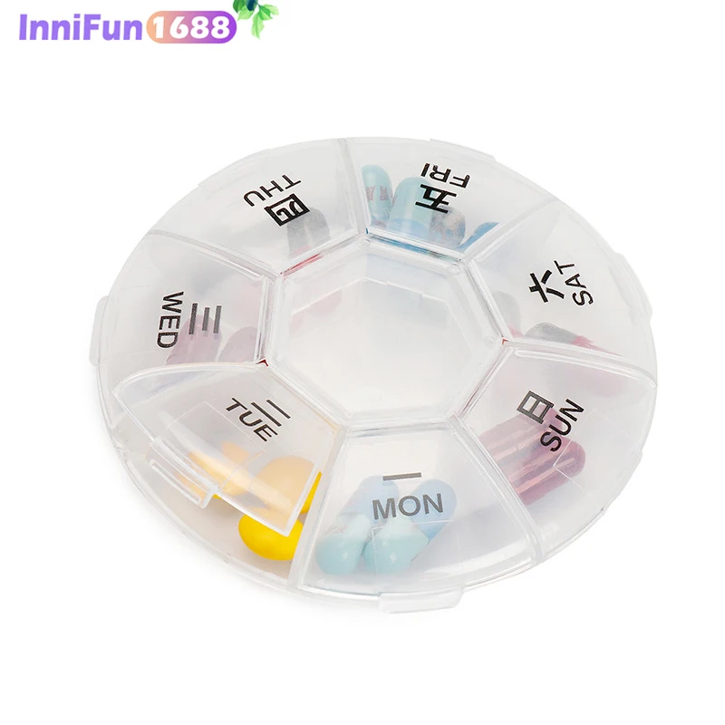 

Portable Circular Pill Box One Week 7 Grids Medicine Case Pills Case White Transparent Travel Home Pills Drugs Container