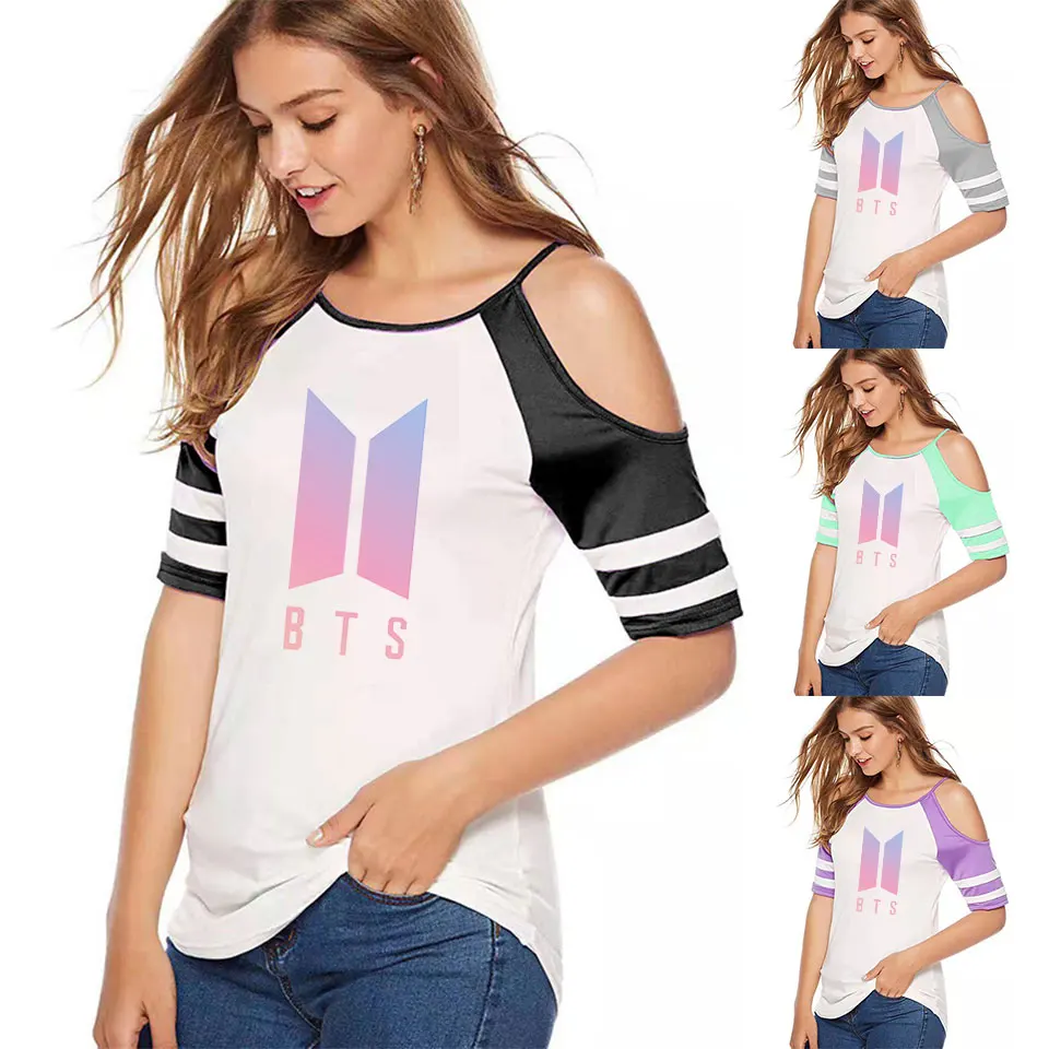 

BF 2019 New fashion Kpop t-shirts Print Casual Dew shoulder T-shirts Women Hot Sale Short Sleeve T-Shirts Plus Size