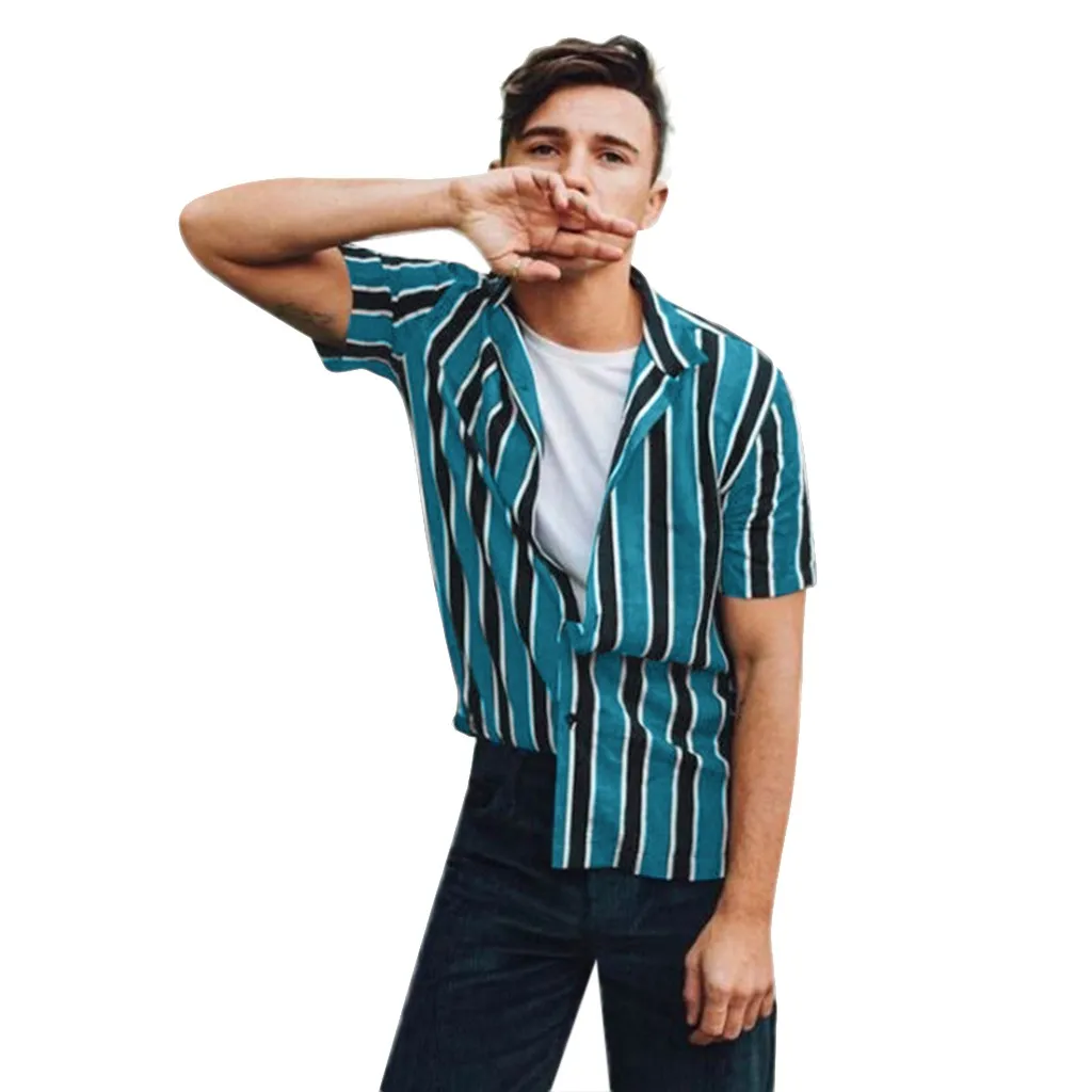Мужская мешковатая пляжная рубашка с коротким рукавом и пуговицами, Ретро стиль, топ, блузка, M-3XL, гавайская рубашка, Мужская сорочка, Мужская Уличная одежда - Цвет: Blue