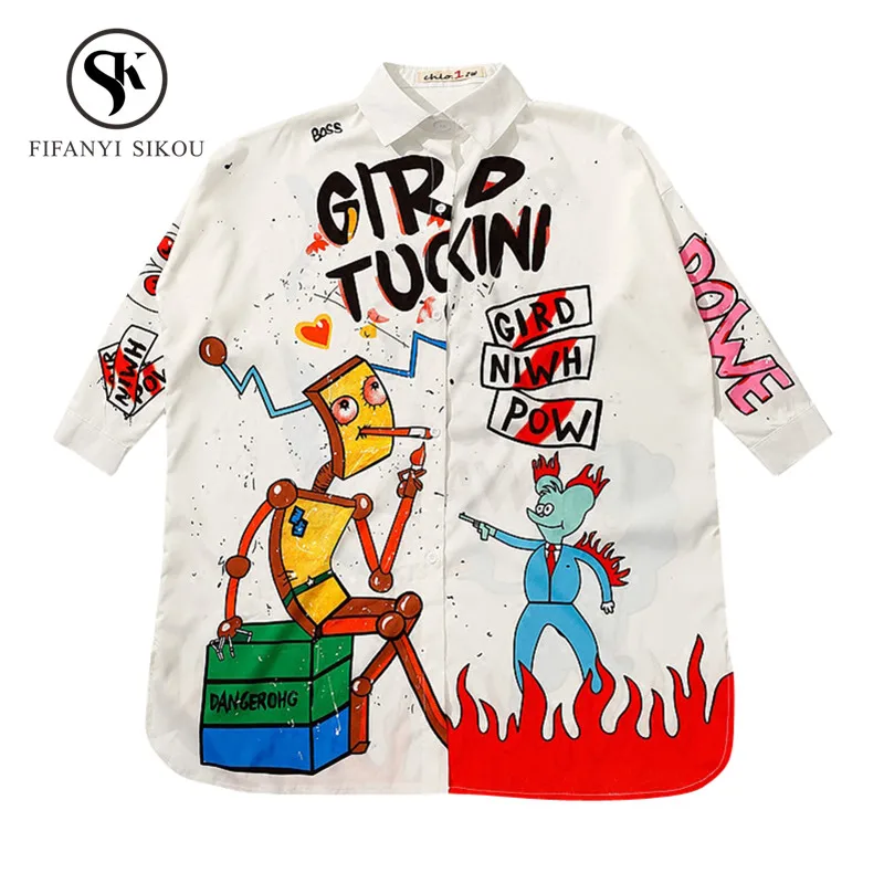 

Spring Womens tops and blouses Fashion Cartoon Print Long Shirt women Loose Casual Blouse Female Long sleeve Shirts Streetwear