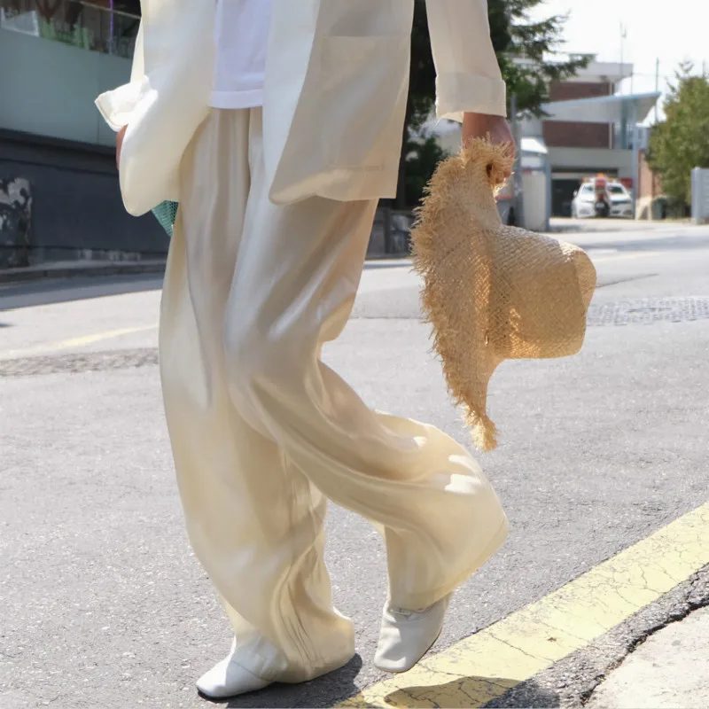 

Womens clothing Summer 2019 new Korean womens pants version high quality satin drape smooth high waist wide leg pants loose