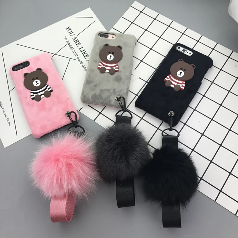 Aoweziic Winter Plush shell 7/8plus mobile phone striped bear protective sleeve 6S fur ball wrist strap For iPhone X XS MAX XR