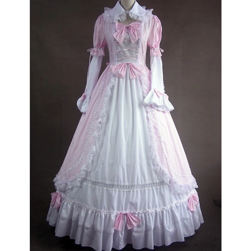 Gothic Lolita Cotton Long Dress Pink Cute Bow Royal Cos Party Customize
