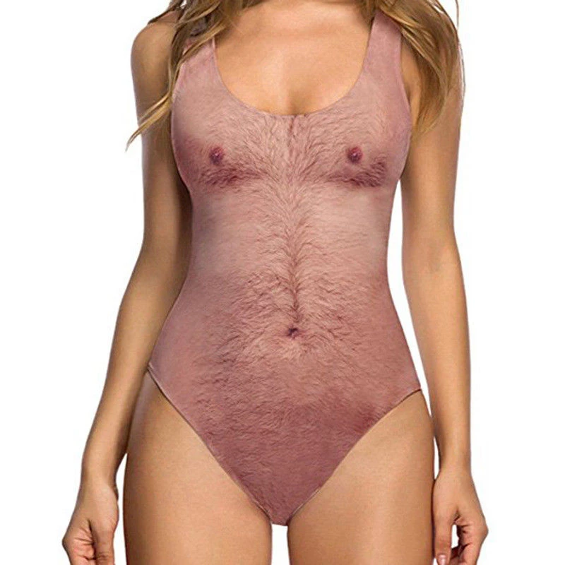 ワンピース女性面白い胸毛印刷ビキニセット水着水着ビーチウエア Body Suits Aliexpress