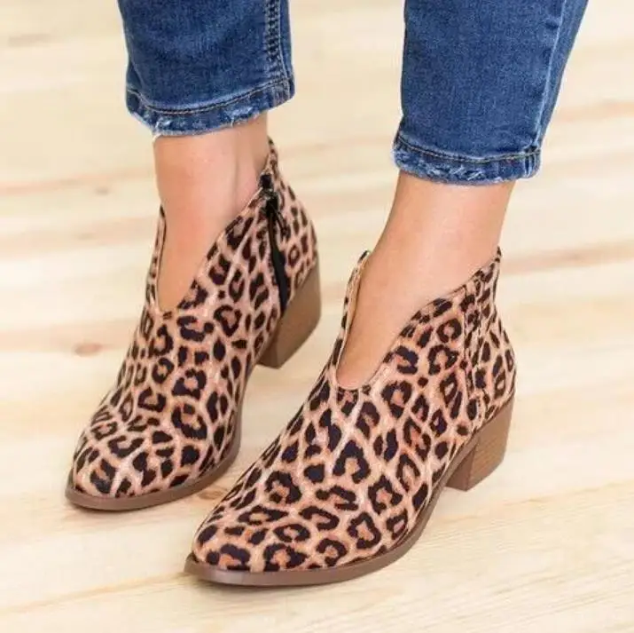 

New Leopard print autumn and winter bare boots deep V sexy booties casual comfort large size zipper shoes women's boots