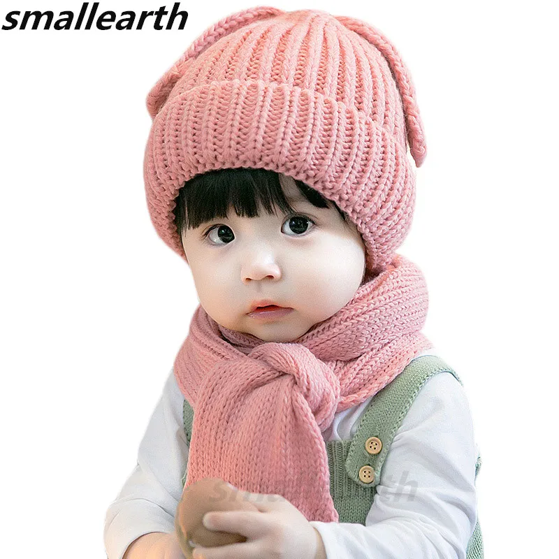 Новая осенне-зимняя детская шапка, шарф, Комплект вязаный крючком ой собачкой детские шапки шапка для мальчиков и девочек, вязаные шапочки