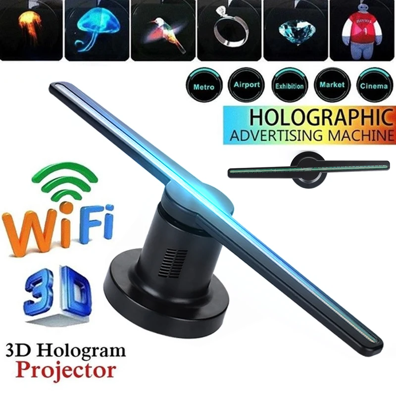 

Wifi with 16G TF 3D Hologram Projector Fan Holographic Store Signs Advertising Player 224 LEDs Shop Logo Lamp Party Decorations