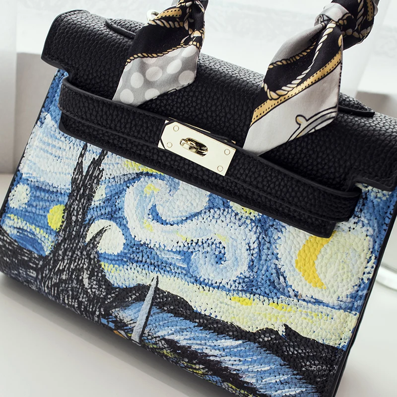 Die Leather Echt 2018 Leder Kunst Bemalt Frauen Schulter Taschen Zeichnen Cm Messenger Sky Hand Tasche Starry Echtem Pu Aus Litschi 25 Schloss g1gzrq4