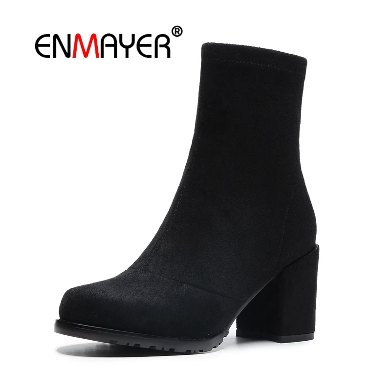 

ENMAYER Woman Ankle boots Winter Pointed toe Short boots Black Size 33-40 Causal Kid Suede High heels Zipper Thick heels CR1640