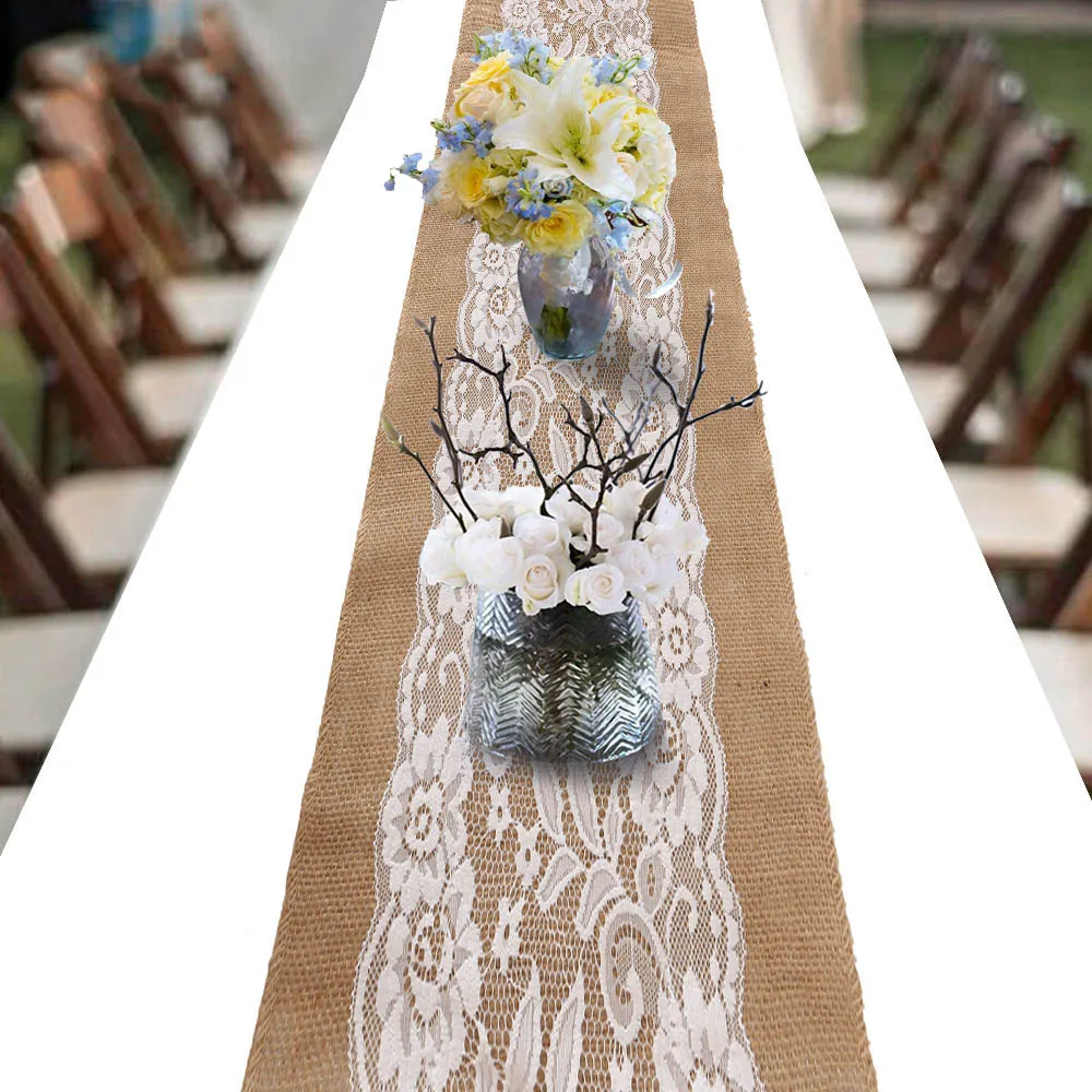 Elegant Jute Table Runner Burlap Lace Table Cloth Wedding Party home