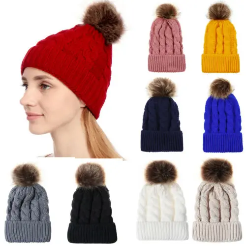 

2019 New Hot Women Winter Racoon Fur Pom Pom Big Ball Knit Beanie Cap Bobble Hat