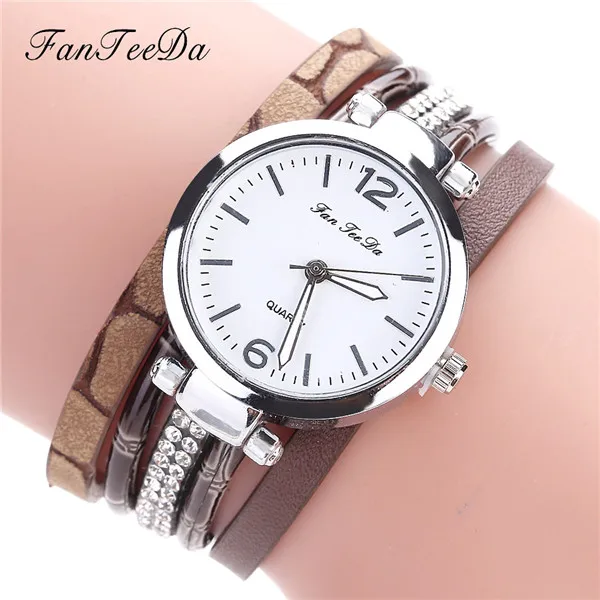 Многослойные женские кварцевые часы-браслет из искусственной кожи, плетеные наручные часы с кристаллами, ювелирные изделия, подарки, relogio feminino reloj mujer P30 - Цвет: brown