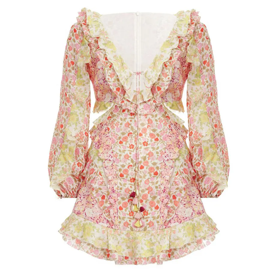 2019 New Arrival Women Dress Flower Printed Sexy V-neck Ruffled Dress Women Long Sleeve Holiday and Vocation Sexy Dress