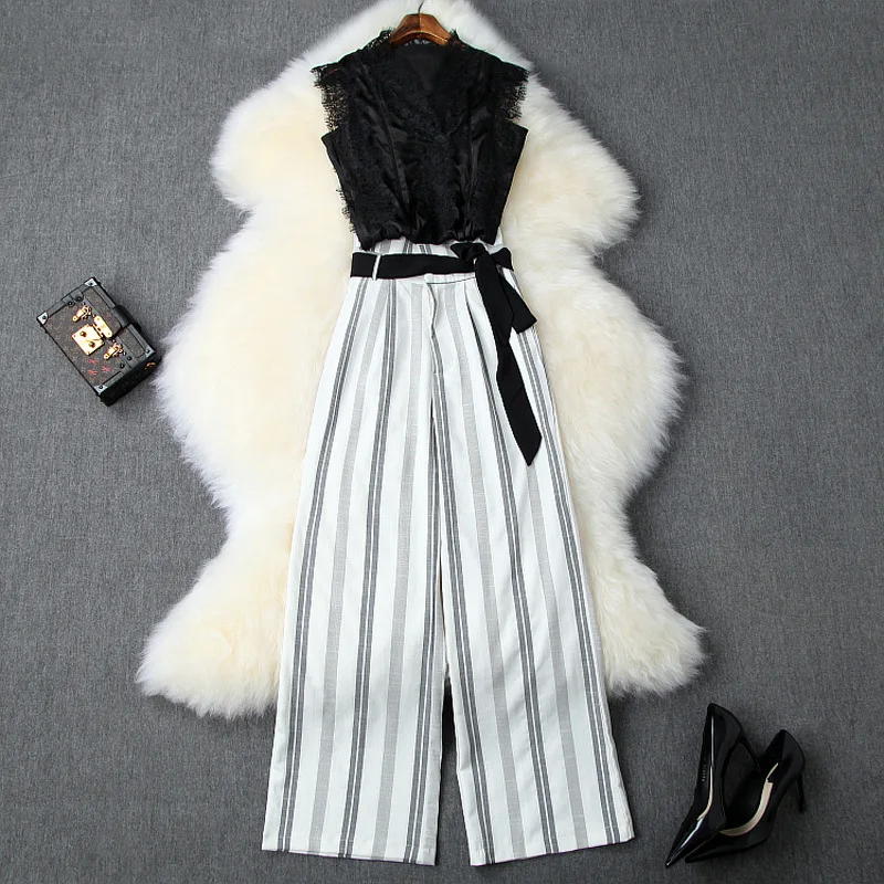 

Pant Top Set Women 2019 Spring Summer New V-Neck Sleeveless Lace Top + Stripes Wide Leg Pants Fashion Two Piece Set Female S-XL