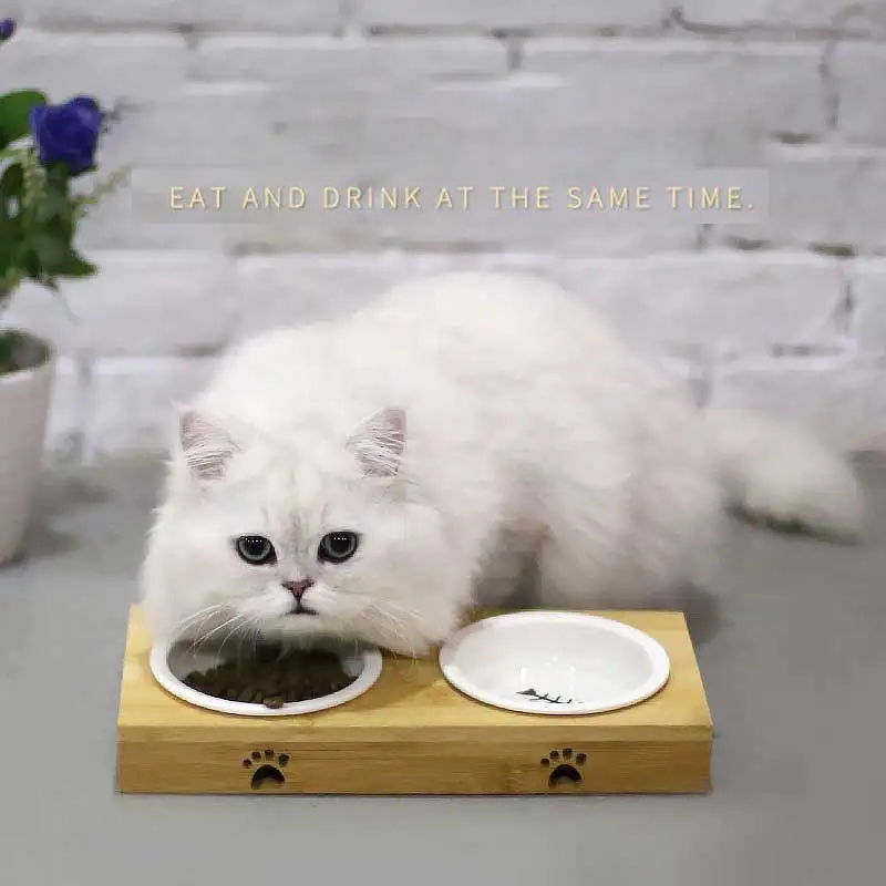 Керамическая миска для кошек, Бамбуковая стойка, двойная собачья миска, миска, автоматическая поилка для домашних животных
