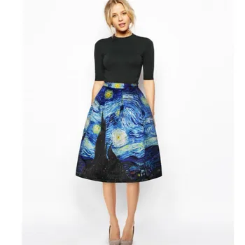 

New Vintage Van Gogh Starry Sky Oil Painting 3D Digital Print High Waist Skirt Rockabilly Tutu Retro Puff Pleated Skirt