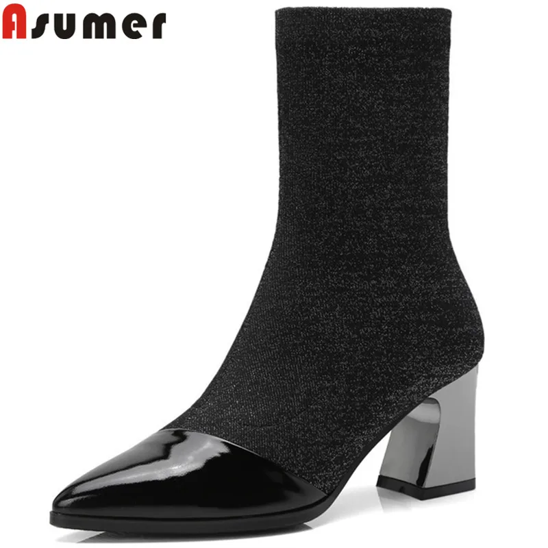 

ASUMER black fashion 2018 new shoes woman boots pointed toe ankle boots thick high heels stretch fabric+cow leather boots