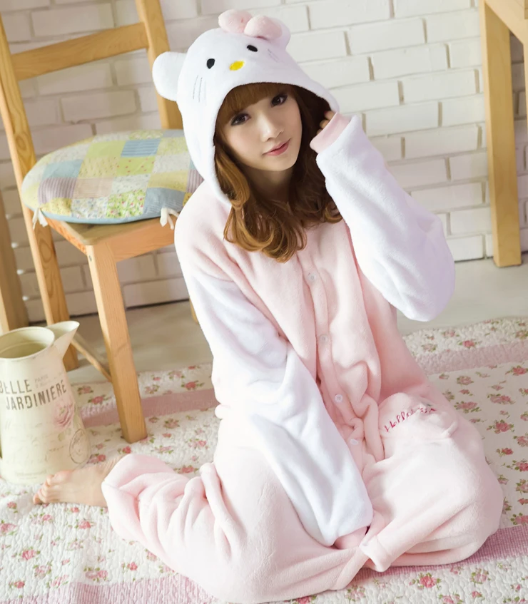 

Winter Warm Soft Fleece Pajamas Pyjamas Woman White Sleeves Kitty Cat Onesies Costume Cartoon Animal Cosplay Girls Sleepwear