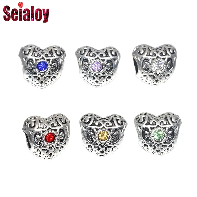 

SEIALOY 2Pcs/Lot Cute Signature Heart Birthstone Beads Fit Original Charm Pandora Bracelet Bangle Jewelry Making