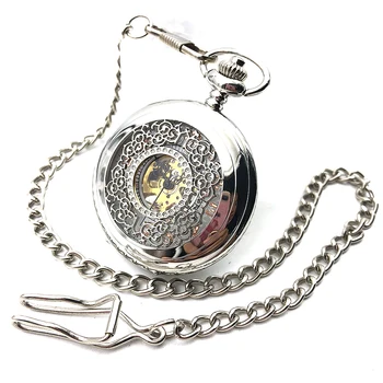 

Vintage Style White Dial Silver Tone Hollow Case Wind Up Mechanical Mens Pocket Watch w/Chian Half Hunter Watch FOB