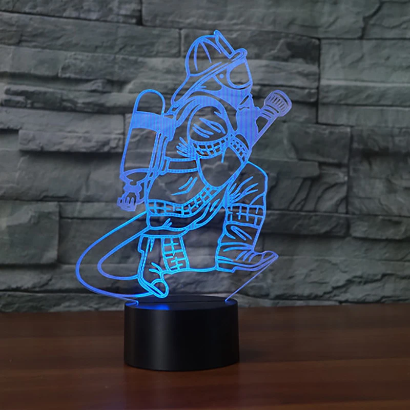 

Novelty 7 Color Changing 3D Firemans Table Lamp LED USB Touch Button Fire Fighter Night Light Bedside Decor Light Fixture Gifts