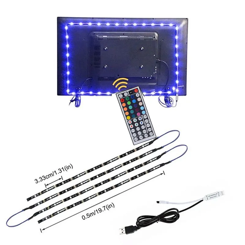 ТВ фоновая полоса светильник ing Kit 4X50 см 2x50 см+ 2x100 см DC5V USB RGB Светодиодная лента светильник 5050 SMD Светодиодная лента+ пульт дистанционного управления 44key