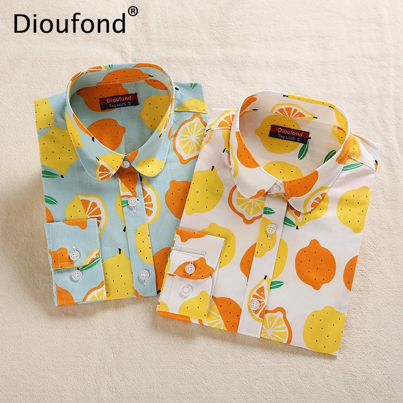 Dioufond Women Cotton Blouses Summer Cute Lemon Bird Print Long Sleeve Blouse Shirt Woman Tops Plus Size 2018 New