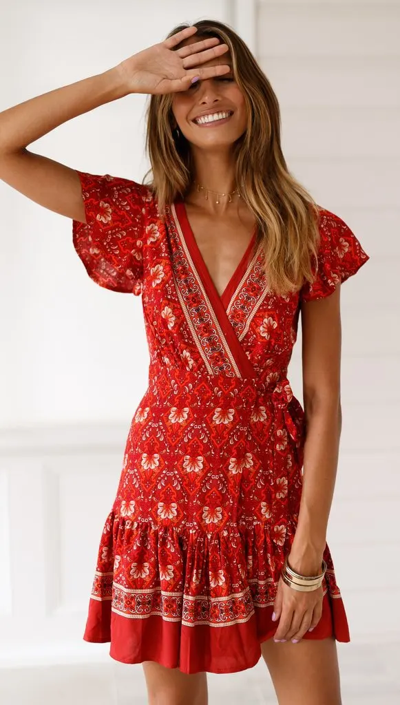 3XL женское платье большого размера летние пикантные пляжные платья с v-образным вырезом Мини Короткое платье повседневное женское платье трапециевидной формы с принтом Vestido - Цвет: 101192 Wine Red