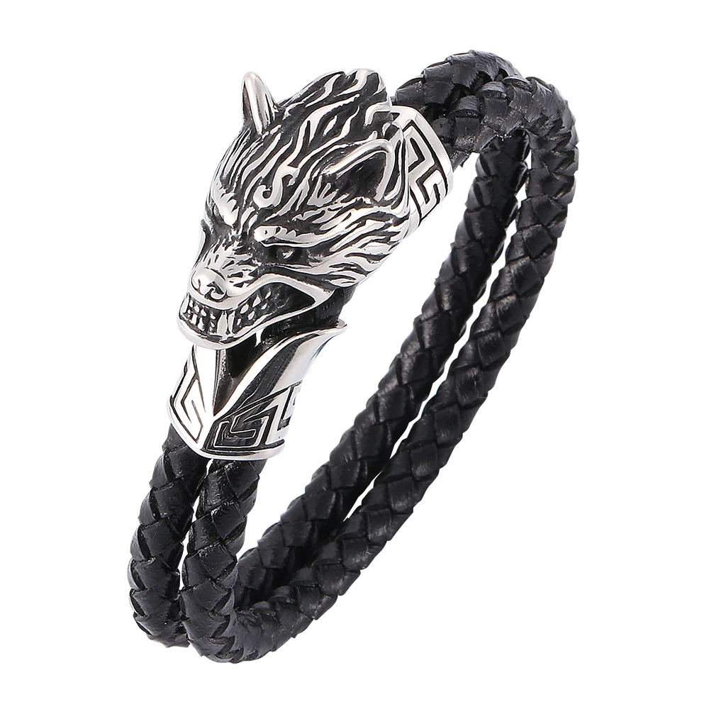 

2019 New Arrival Stainless Steel Leather Bracelets Men Jewelry Male Wolf Head Charms Bracelets Bangles Wristband pulseira E771