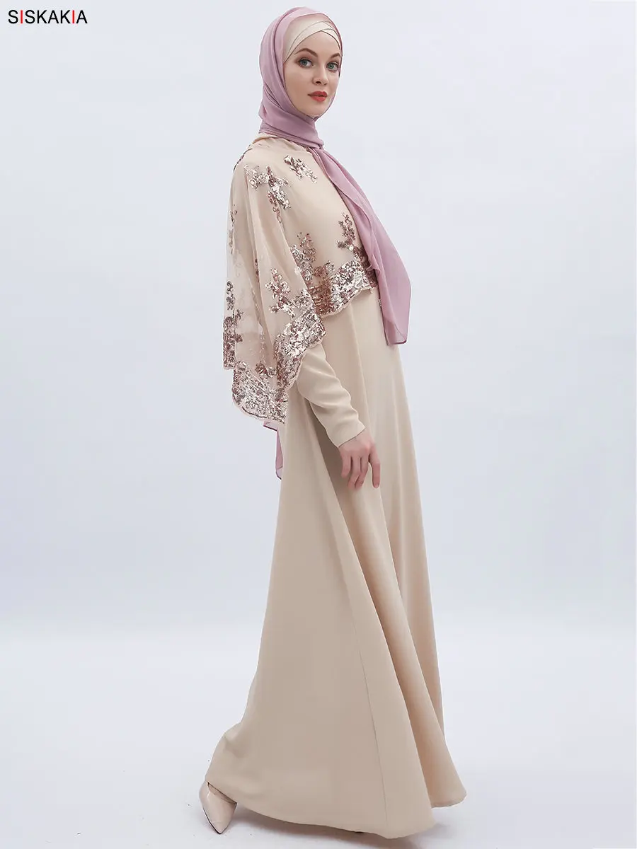 Siskakia мусульманский комплект из 2 предметов, платье абайя, модная сетчатая накидка с вышивкой и пайетками, длинное платье макси, однотонная