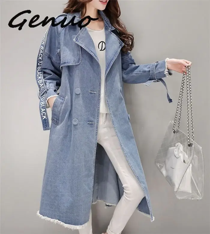 

Women's Trench Coat spring Waist Denim Windbreaker Fashion Full Sleeve Outwear Printed Female Long Denim Coat Loose Big Size