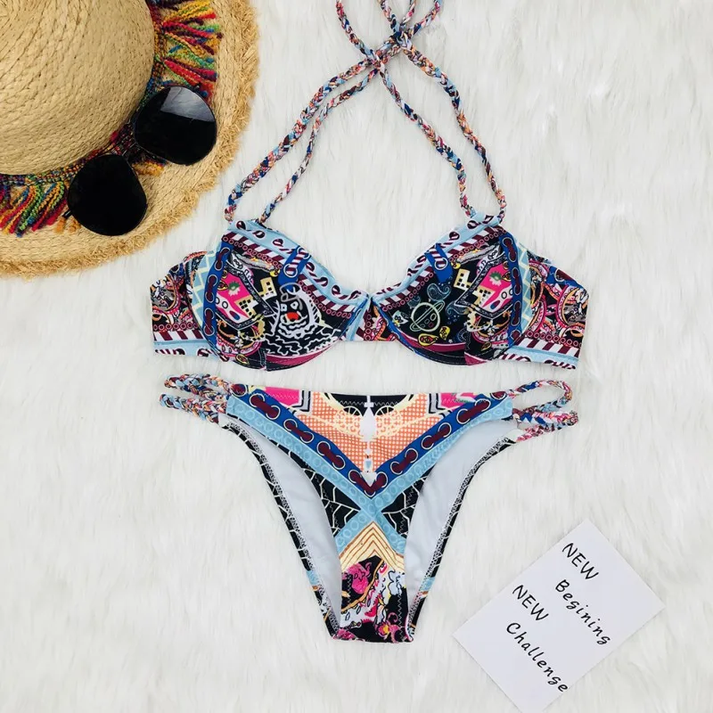 

2018 Push-Up Swimsuit Padded Bikini Set Plus Size Swimwear Color Printing Sexy Bikinis Women Female Bathing Suit Bathers Beach