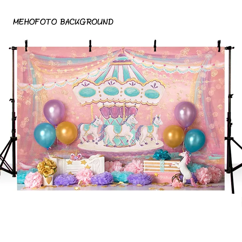 

MEHOFOTO Birthday Party Carousel Photography Backdrop Colorful Balloon Backdrop for Photo Booth Background Custom