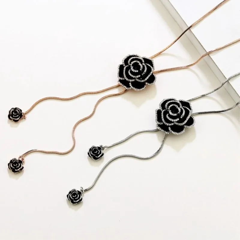 Новинка 2021 модная женская цепочка на свитер с черной розой от Swarovski 2 цвета осенне