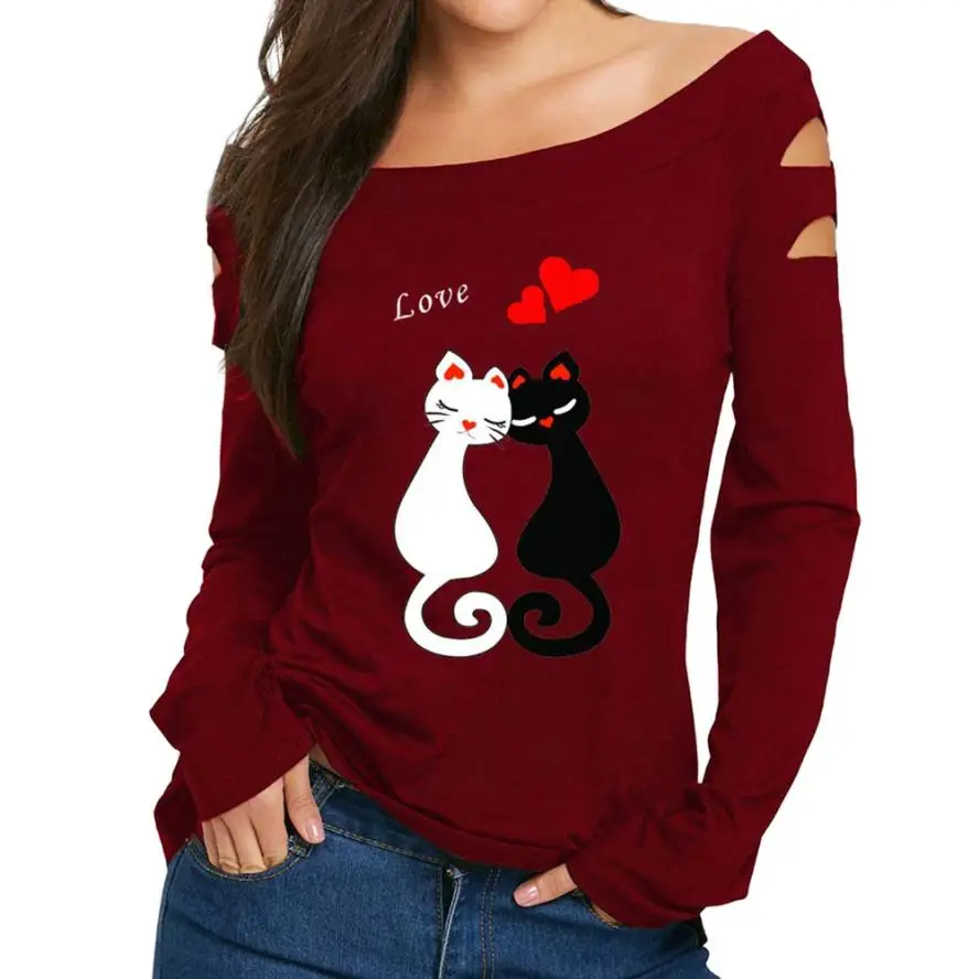 JAYCOSIN, новинка, женская рубашка с открытыми плечами, с принтом кота, любовь, топы с длинными рукавами, дропшиппинг, 28 июля - Цвет: Red