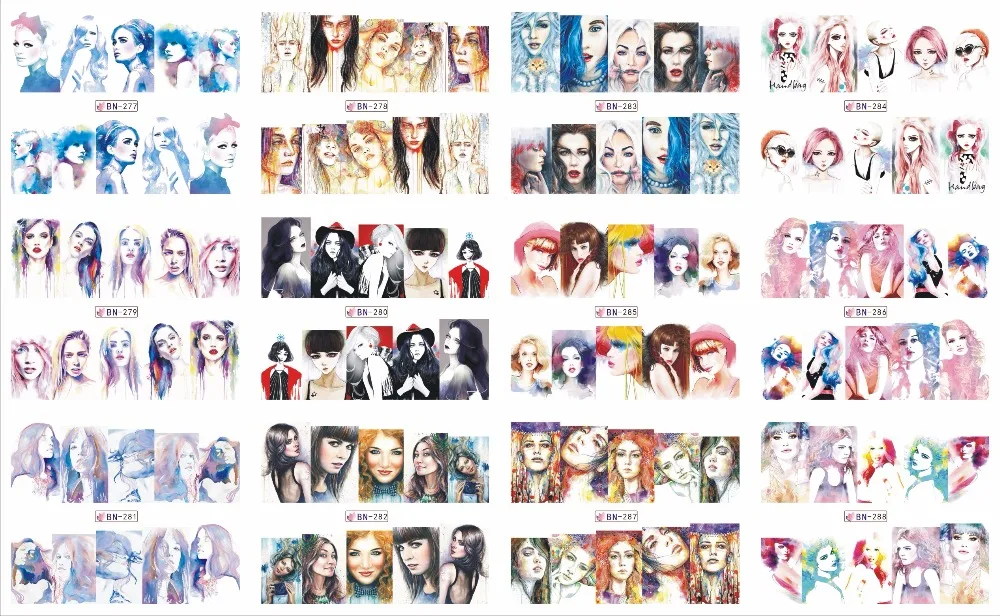 

on sale !!1 lot =20pcs ,12 in one sheet New Style Nail Art Water Sticker --The various images of women in 2017 for BN277-288