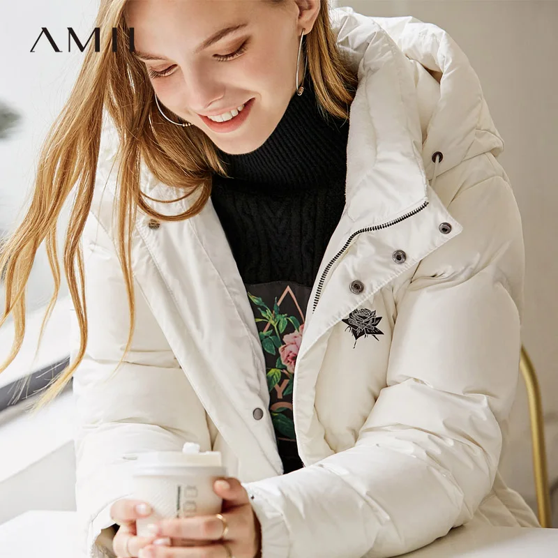 Clearance Amii Minimalist Fashion 90% White Duck Down Jacket Winter Women Embroidery Floral  2018 Casual New Loosehooded Black Long Coat 1