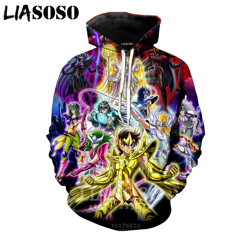 LIASOSO جديد أزياء الرجال النساء البلوز 3D طباعة أنيمي سانت Seiya هوديي طويلة الأكمام أعلى الهيب هوب المتناثرة السترة A224-08