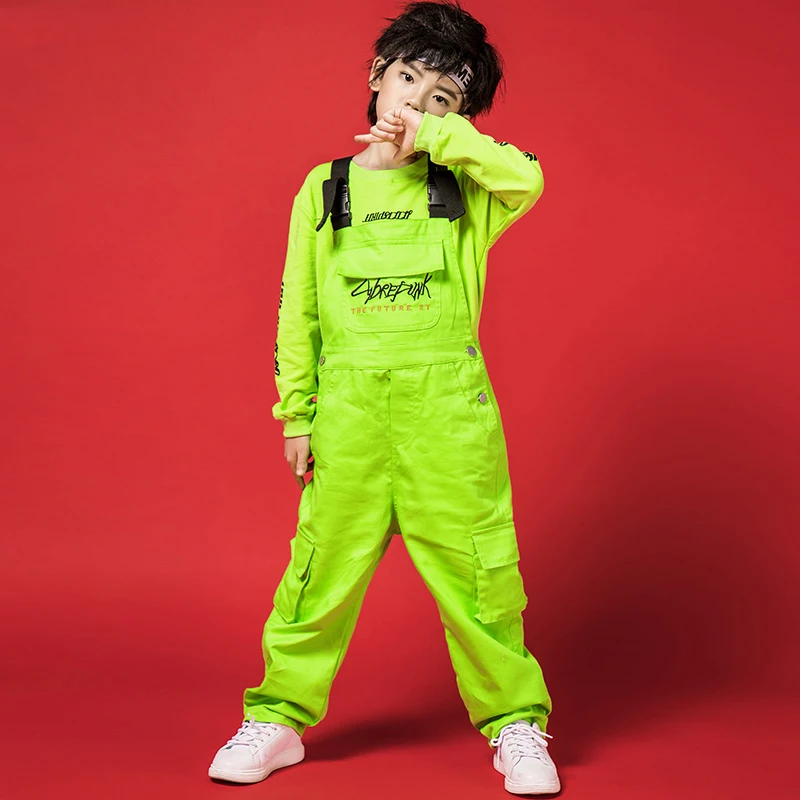 New Kids Dance Costumes Boys Neon Green Clothes Bib Pants For Street Dance Dtage Costume Children Boys Hip Hop Wear BL1933