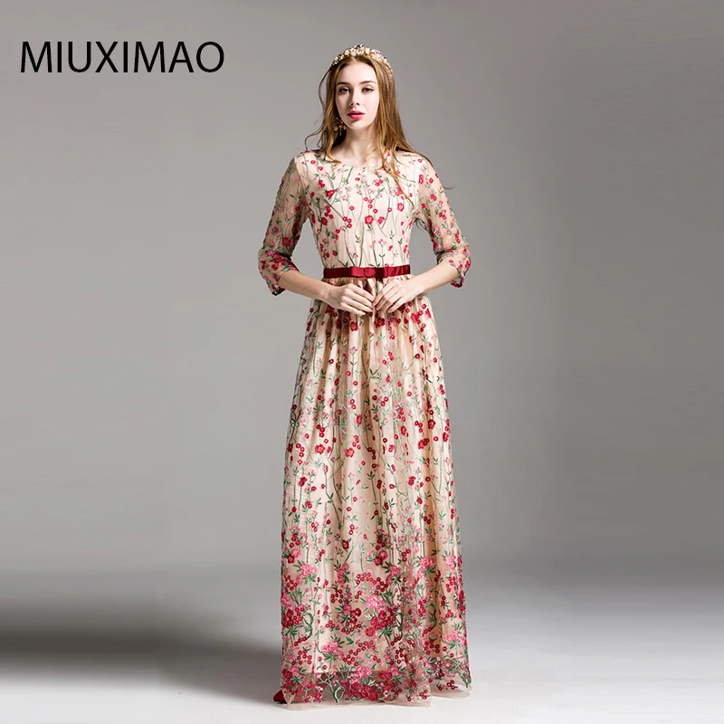 MIUXIMAOHigh Высокое качество Новинка осеннее подиумное Макси Платье женское с 3/4 рукавом элегантное цветочное с блестками длинное платье с вышивкой