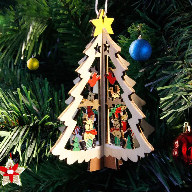 3D деревянные украшения для рождественской елки, подвески для рождественской елки, подвесные вечерние украшения для дома
