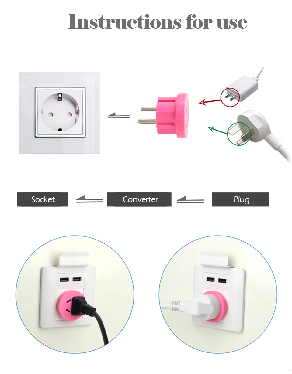 2 Round Pin Socket US AU To EU Plug USA AUS To Euro Europe Travel Wall Power Plug Charger Outlet Adapter Converter Safety Valve (2)