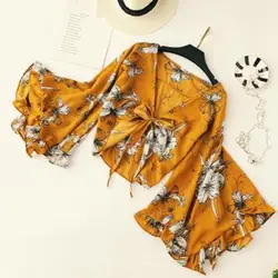 2019 летние цветочные printting блестящие пикантные рукава для женщин v образным вырезом обёрточная бумага шифоновая блузка