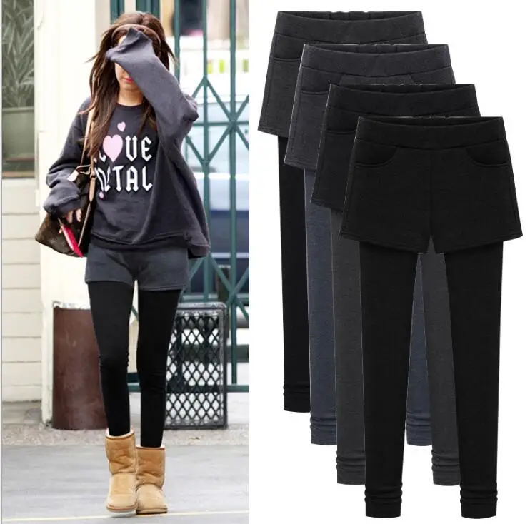 Faux Two Piece shorts and leggings 2019 Winter Women's Warm Leggings High Waist Velvet Legging Skinny Pants Female Capris XL 6XL