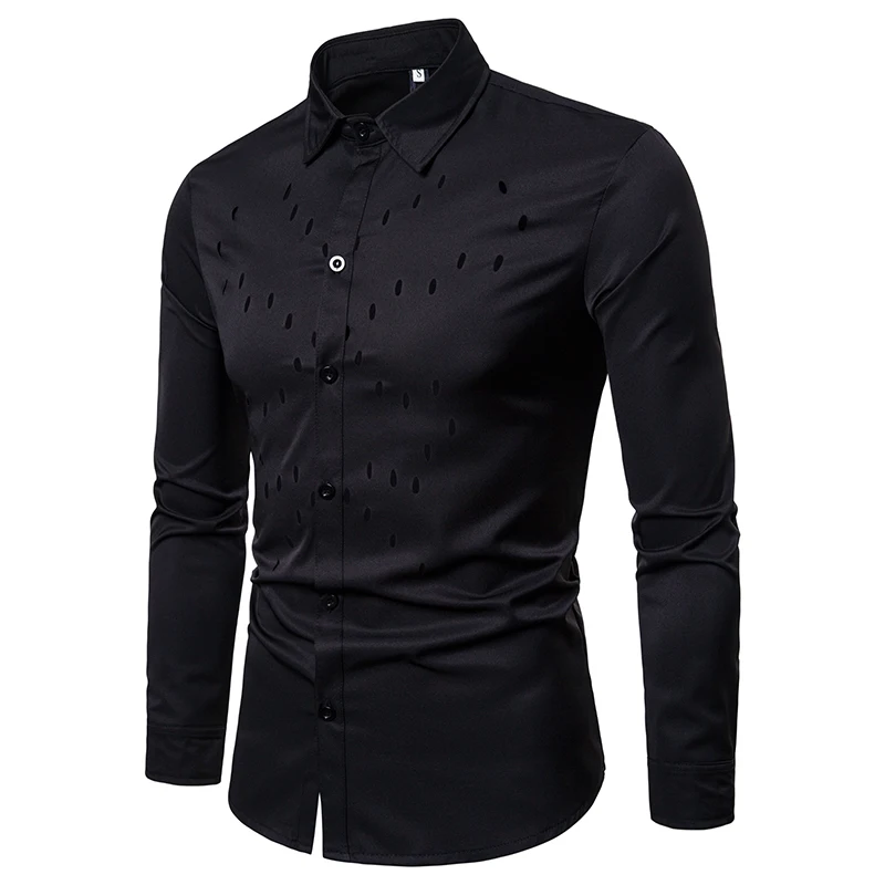 

Men's Foreign Trade Autumn And Winter Solid Color Large Chest Regular Openwork Men's Long Sleeve Lapel Shirt